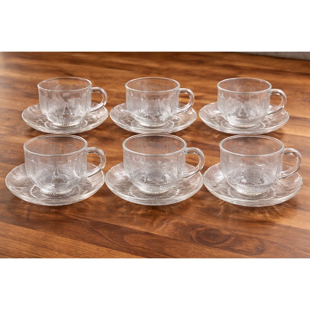 Arcoroc France Fleur Clear Glass Teacups &‎ Saucers 6pc Tea Set Floral Petal